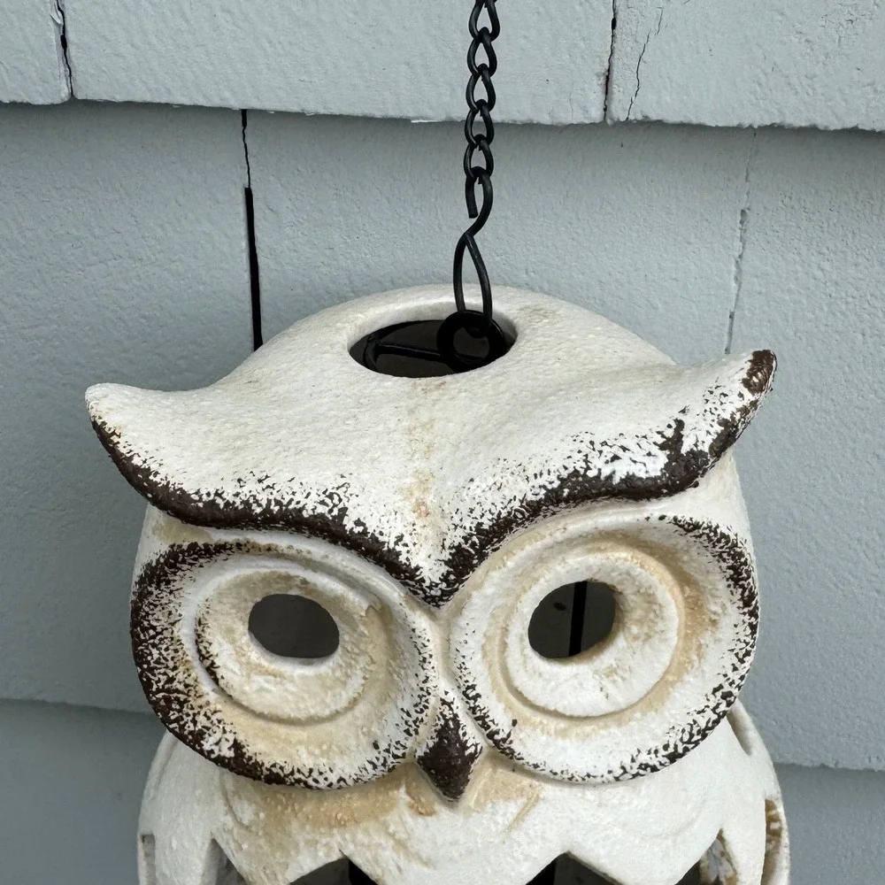 Vintage Style White Textured metal Hanging Owl Lantern‎ Tea Light 7